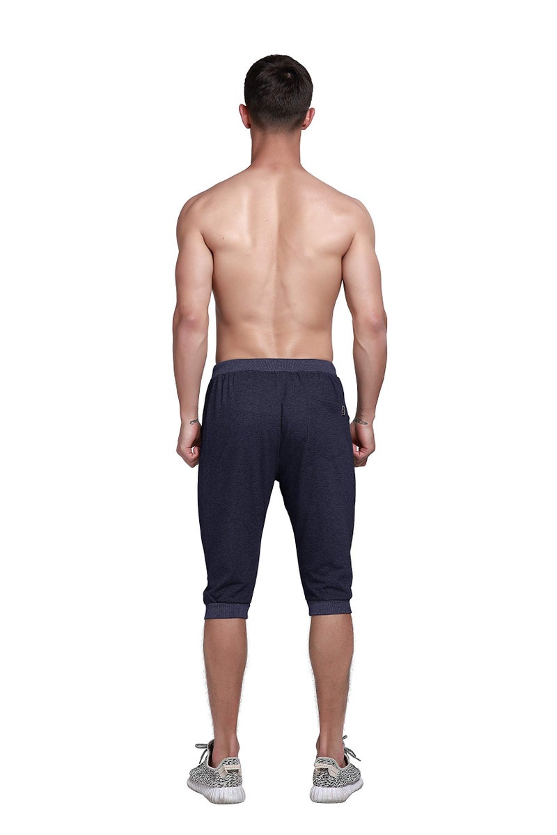 YSENTO Mens 3/4 Yoga Capri Pants Jogger Shorts Sports Training Running Shorts Blue 34 - Image 2